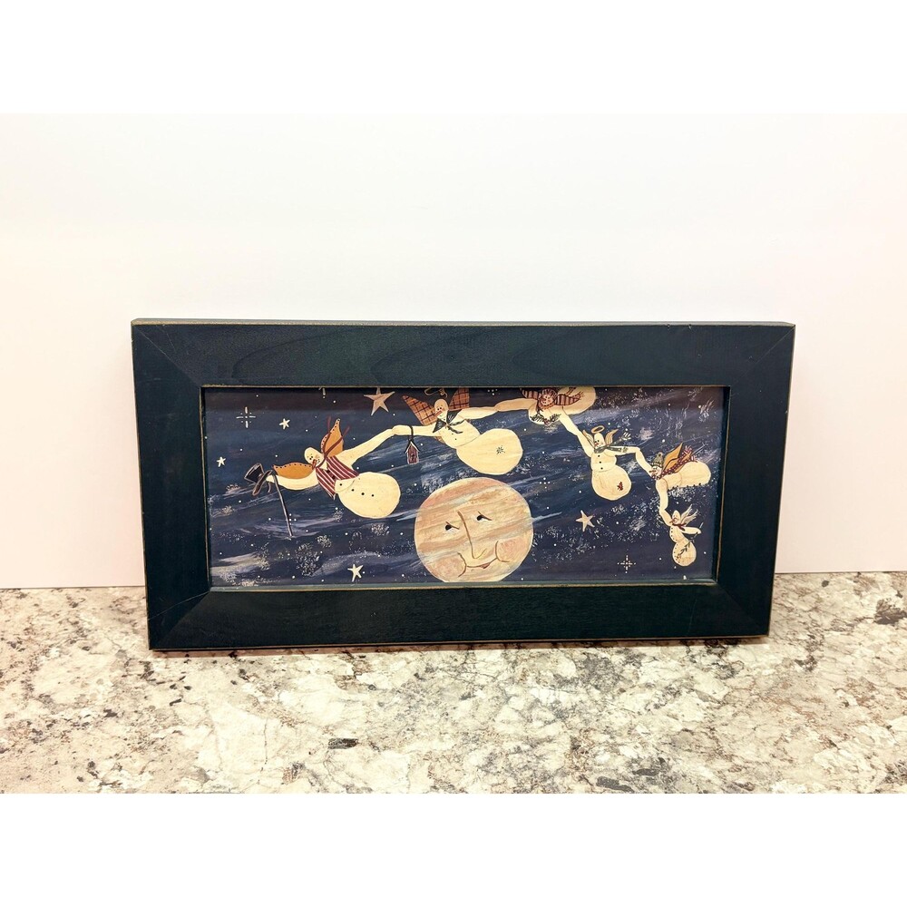 Vintage Folk Art Framed Picture Night Sky Snowmen Angels Moon